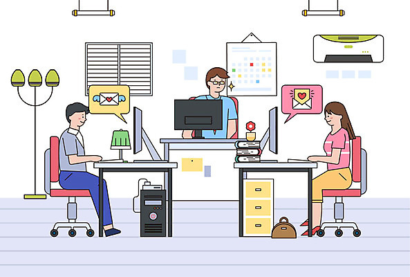커플 여자 남자 의자 일러스트 비즈니스 조명 사람 성인 세명 여름 컴퓨터 핸드백 달력 직장인 비즈니스맨 비즈니스우먼 메시지 상사 에어컨 서랍장 본체 사내연애 성인만 국내일러스트 AI파일 직업 계절 가구 가방 관계 전자제품 가전제품 파일형식 벡터