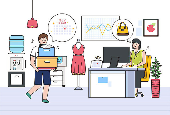 식물 옷 여자 남자 일러스트 비즈니스 상상 사람 성인 두명 여름 모니터 핸드백 직장인 비즈니스맨 비즈니스우먼 마네킹 책상 즐거움 월급 복합기 성인만 국내일러스트 AI파일 직업 계절 감정 가구 가방 전자제품 컴퓨터 파일형식 벡터