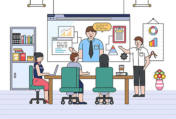 식물 여자 남자 인터넷 의자 일러스트 비즈니스 커뮤니케이션 책장 사람 여러명 성인 여름 직장인 비즈니스맨 비즈니스우먼 책상 프로젝트 화상통화 성인만 국내일러스트 AI파일 직업 계절 가구 다수 통화 파일형식 벡터