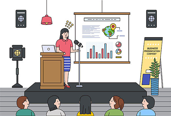 배너템플릿 여자 남자 일러스트 비즈니스 그래프 조명 사람 여러명 성인 여름 노트북 스피커 현수막 직장인 비즈니스맨 비즈니스우먼 발표 프레젠테이션 마이크 단상 대회 성인만 국내일러스트 AI파일 템플릿 직업 배너 계절 음향기기 다수 전자제품 파일형식 벡터