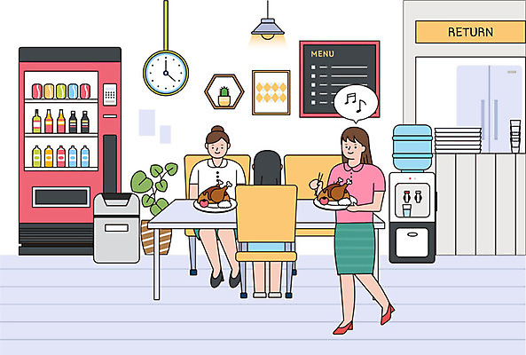 여자 음료 시계 액자 일러스트 비즈니스 사람 성인 세명 여름 식사 치킨 쓰레기통 직장인 비즈니스우먼 메뉴 구내식당 자판기 정수기 성인여자만 테이블롤 반납 국내일러스트 AI파일 직업 계절 빵 식당 닭고기요리 여자만 성인만 파일형식 벡터