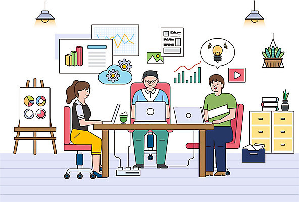 식물 여자 남자 일러스트 비즈니스 전구 회의 그래프 협력 사람 성인 세명 여름 노트북 직장인 비즈니스맨 비즈니스우먼 책상 서랍장 서류통 프로젝트 성인만 국내일러스트 AI파일 직업 계절 가구 전자제품 사무용품 파일형식 벡터