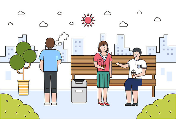 나무 식물 구름 여자 남자 벤치 일러스트 비즈니스 휴식 대화 사람 성인 건물 세명 여름 쓰레기통 직장인 비즈니스맨 비즈니스우먼 옥상 아이스커피 휴식처 성인만 국내일러스트 AI파일 자연요소 직업 건축물 계절 커피 컨셉 의자 말하기 파일형식 벡터