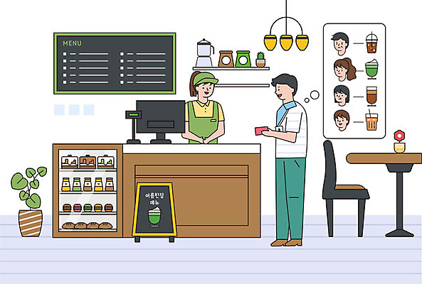 여자 남자 커피 빵 일러스트 비즈니스 탁자 사람 성인 두명 여름 케이크 카페 직장인 비즈니스맨 비즈니스우먼 계산 계산대 배송 메뉴 주문 아이스커피 아르바이트 마카롱 심부름 성인만 최저임금 비정규직 국내일러스트 AI파일 직업 계절 음료 음식 가구 디저트 경제 상점 파일형식 벡터