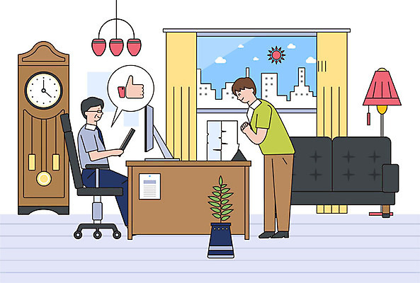 남자 일러스트 비즈니스 사람 성인 두명 여름 소파 모니터 엄지손가락 스탠드 최고 직장인 비즈니스맨 사장 문서 아부 성인남자만 국내일러스트 AI파일 직업 계절 의자 손가락 조명 컴퓨터 남자만 성인만 파일형식 벡터