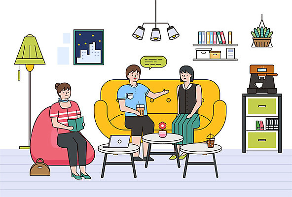 식물 여자 남자 꽃 커피 음료 액자 일러스트 비즈니스 휴식 선반 직장 대화 사람 성인 책 세명 여름 노트북 소파 스탠드 직장인 비즈니스맨 비즈니스우먼 휴게실 커피메이커 수다 성인만 국내일러스트 AI파일 직업 계절 가구 컨셉 의자 회사 조명 말하기 전자제품 커피용품 파일형식 벡터