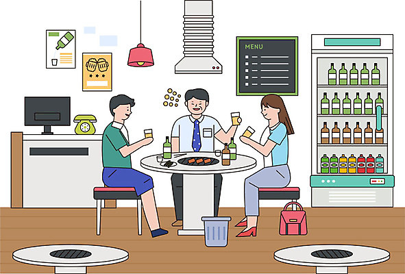 여자 남자 음료 일러스트 비즈니스 탁자 맥주 육류 사람 성인 세명 여름 직장인 비즈니스맨 비즈니스우먼 상사 메뉴 냉장고 소주 환풍기 소주잔 회식 성인만 고깃집 국내일러스트 AI파일 직업 계절 가구 술잔 식재료 주류 식당 식사 장비 가전제품 파일형식 벡터