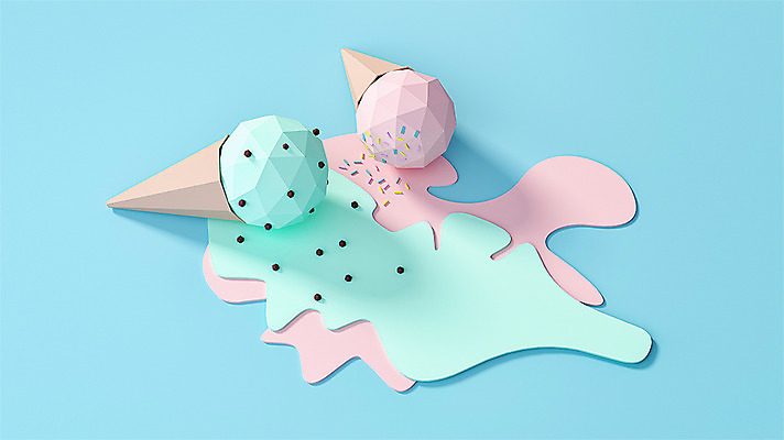 PSD 편집이미지 사람없음 그래픽 파란색 3D소스 3D 디지털합성 오브젝트 콘아이스크림 폴리곤 로우폴리 편집소스 편집3D 녹이기 컬러 모션 아이스크림 파일형식