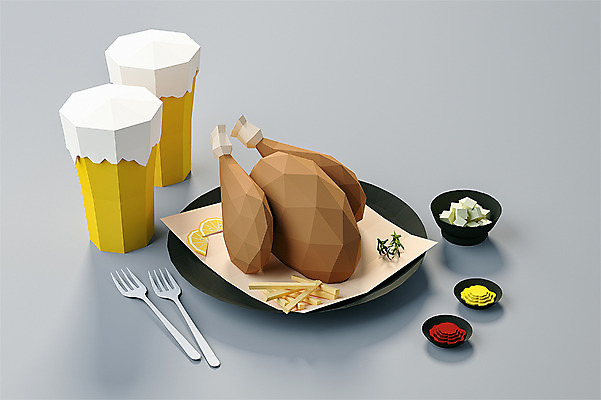 PSD 편집이미지 포크 맥주 사람없음 그래픽 3D소스 3D 치킨 회색 양념 디지털합성 오브젝트 닭다리 치킨무 폴리곤 로우폴리 편집소스 치맥 편집3D 식기 음식 컬러 주류 닭고기요리 파일형식