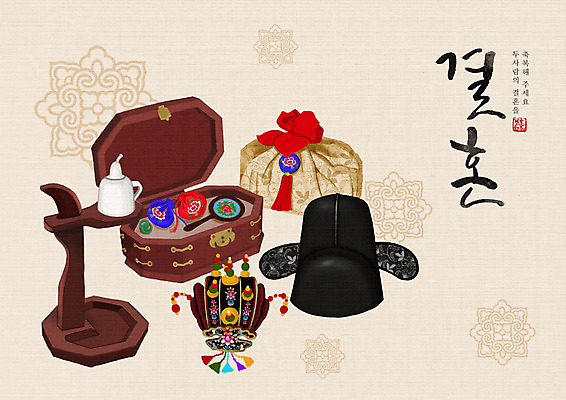 PSD 모자 한국전통 결혼 백그라운드 일러스트 캘리그라피 한글 사람없음 희망 기쁨 등불 주머니 즐거움 전통혼례 시작 예물 족두리 함 아이보리 국내일러스트 문자 전통 잡화 감정 컬러 조명 전통소품 한국 이벤트 전통의례 파일형식