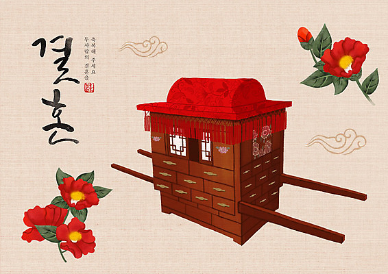 PSD 한국전통 꽃 결혼 백그라운드 가마_이동수단 일러스트 캘리그라피 한글 사람없음 희망 기쁨 즐거움 전통혼례 시작 아이보리 국내일러스트 식물 문자 전통 감정 교통수단 컬러 한국 이벤트 전통의례 파일형식