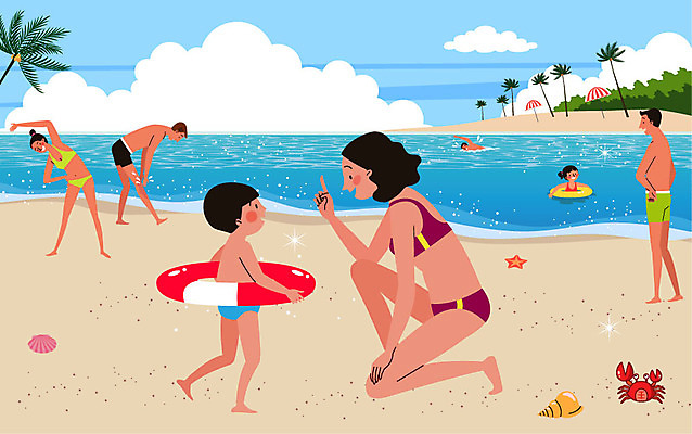 나무 구름 여자 남자 아들 어린이 바다 일러스트 가족 물놀이 엄마 휴가 조개 경고 사람 여러명 성인 해변 여름 여름휴가 바캉스 야자수 수영 스트레칭 게 파라솔 휴양지 튜브 국내일러스트 AI파일 자연요소 식물 계절 다수 관계 놀이 어패류 갑각류 운동 장소 수상스포츠 파일형식 벡터 여름_계절