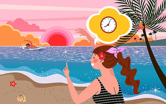 나무 구름 여자 남자 바다 시계 말풍선 일러스트 물놀이 조개 불가사리 경고 사람 성인 두명 여름 여름휴가 바캉스 야자수 태양 노을 수영 금지 시간 걱정 물놀이안전 수영금지 성인만 국내일러스트 AI파일 자연요소 식물 계절 감정 놀이 휴가 어패류 극피동물 안전 수상스포츠 파일형식 벡터 여름_계절