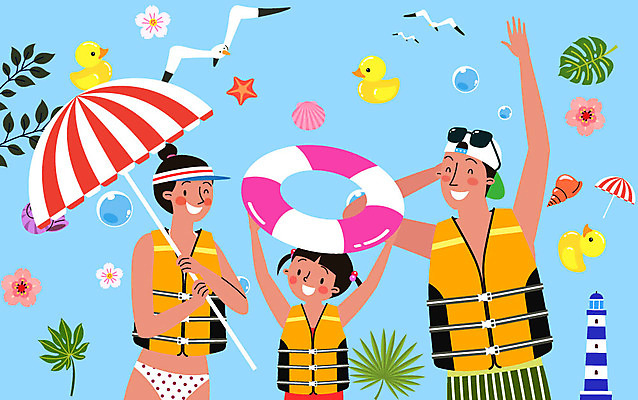 여자 남자 꽃 딸 어린이 바다 일러스트 가족 물놀이 갈매기 엄마 휴가 나뭇잎 오리 등대 들기 안전 성인 세명 여름 여름휴가 바캉스 물방울 파라솔 아빠 즐거움 준비 구명조끼 튜브 물놀이안전 국내일러스트 AI파일 식물 계절 감정 잎 관계 모션 놀이 조류 사람 구조용품 파일형식 벡터 여름_계절