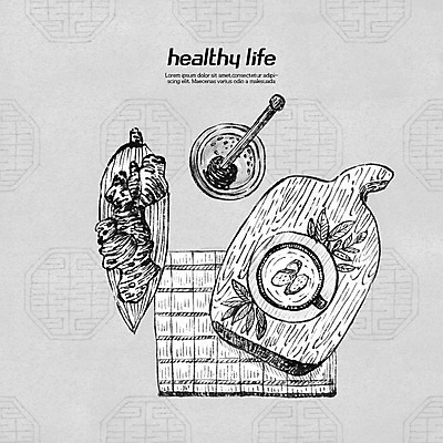 PSD 라인일러스트 일러스트 흑백 사람없음 한의학 약재 한약재 차 유기농 보양식 건강식품 생강 나무도마 생강차 한방차 국내일러스트 웰빙 음료 음식 채소 의학 도마 촬영기법 건강 목재 차_음료 약 전통차 몸보신 파일형식