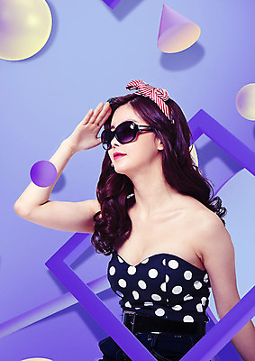 도형 PSD 편집이미지 응시 여자 한명 상반신 20대 성인 옆모습 컬러풀 선글라스 보라색 한국인 성인여자한명만 메터리얼디자인 뉴트로 이미지편집 1 디자인 시선 안경 뷰포인트 컬러 사람 동양인 청년 복고 여자한명만 성인여자만 파일형식