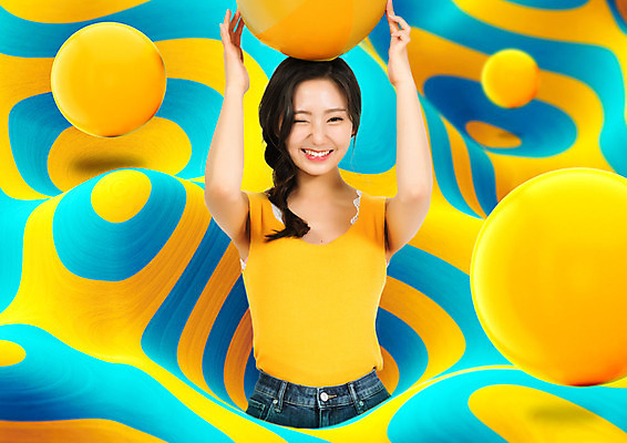 PSD 편집이미지 여자 패턴 공 한명 들기 상반신 20대 성인 앞모습 컬러풀 노란색 한국인 원형 기하학 지오메트릭 성인여자한명만 뉴트로 이미지편집 도형 1 뷰포인트 컬러 무늬 모션 사람 동양인 청년 복고 여자한명만 성인여자만 파일형식