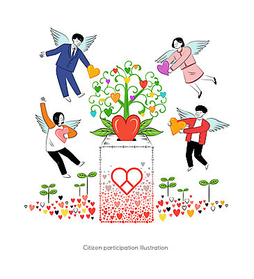 나무 여자 남자 행복 날개 일러스트 함께함 사랑 사람 여러명 새싹 희망 하트 수집 긍정 투표함 시민 참여 국내일러스트 AI파일 모양 식물 감정 다수 컨셉 투표 국민 파일형식 벡터