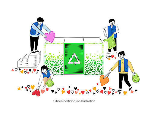 여자 남자 행복 일러스트 봉투 함께함 집게 사랑 사람 여러명 계단 재활용 쓰레기통 하트 봉사 분리수거 긍정 시민 참여 재활용표시 국내일러스트 AI파일 모양 감정 다수 컨셉 표시 도움 친환경 국민 파일형식 벡터