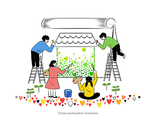 여자 남자 행복 일러스트 사다리 주택 함께함 사랑 사람 여러명 새싹 물감 하트 붓 그리기 팔레트 물통 스케치북 긍정 시민 참여 국내일러스트 AI파일 모양 식물 감정 다수 컨셉 모션 학용품 건물 미술도구 도구 국민 파일형식 벡터