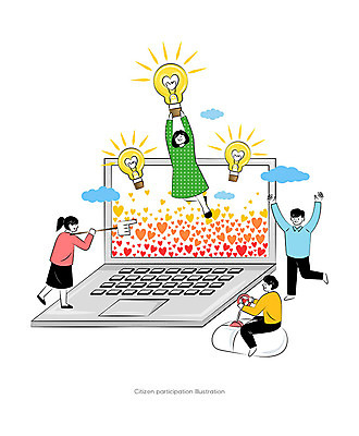 여자 남자 행복 일러스트 전구 함께함 사랑 사람 여러명 노트북 하트 마우스 긍정 의견 시민 제시 참여 국내일러스트 AI파일 모양 감정 다수 컨셉 전자제품 컴퓨터용품 국민 파일형식 벡터