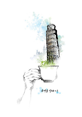 PSD 해외 손 해외여행 여행 일러스트 캘리그라피 붓터치 한손 들기 사람 건물 신체부위 이탈리아 로맨틱 머그컵 커피잔 피사의사탑 번짐 랜드마크 국내일러스트 건축물 유럽 커피 컨셉 모션 잔 컵 세계문화유산 파일형식 효과