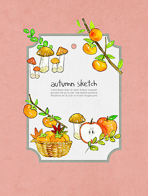 PSD 열매 일러스트 사각프레임 감 사람없음 컬러풀 바구니 버섯 가을 사과 스케치 감나무 오브젝트 프레임일러스트 국내일러스트 나무 식물 계절 컬러 과일 프레임 미술 사각형 파일형식