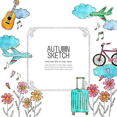 PSD 계절 여행 단풍 낙엽 일러스트 비행기 사람없음 컬러풀 캐리어 가을 스케치 오브젝트 코스모스 가을여행 국내일러스트 꽃 컬러 잎 항공교통 대중교통 미술 여행가방 파일형식 가을_계절