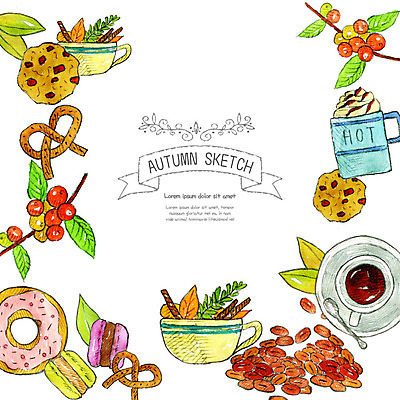 PSD 계절 커피 단풍 낙엽 일러스트 디저트 사람없음 컬러풀 쿠키 가을 도넛 차 스케치 오브젝트 국내일러스트 음료 음식 컬러 잎 미술 파일형식