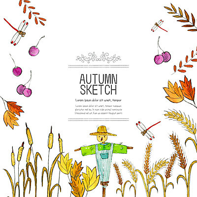 PSD 계절 단풍 낙엽 일러스트 초원 사람없음 컬러풀 수확 추수 벼 가을 잠자리 스케치 오브젝트 허수아비 국내일러스트 컬러 곤충 잎 농업 곡류 미술 파일형식