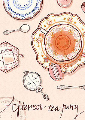 PSD 식기 접시 음식 일러스트 티타임 휴식 사람없음 컵 갈색 숟가락 차 찻잔 티스푼 홍차 마카롱 티백 국내일러스트 음료 컬러 컨셉 디저트 잔 수저 차_음료 파일형식