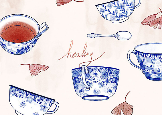 PSD 식기 접시 음료 음식 단풍 일러스트 티타임 휴식 사람없음 컵 파란색 숟가락 차 찻잔 티스푼 은행잎 홍차 티백 국내일러스트 컬러 컨셉 잎 잔 수저 차_음료 파일형식