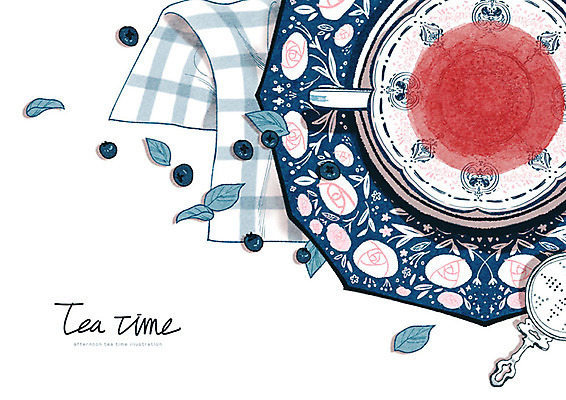 PSD 식기 접시 음료 음식 일러스트 티타임 휴식 북유럽스타일 사람없음 컵 파란색 차 찻잔 블루베리 홍차 티백 국내일러스트 컬러 컨셉 과일 잔 차_음료 스타일 파일형식