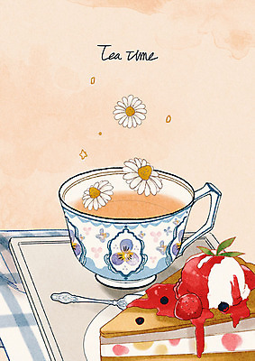 PSD 식기 접시 꽃 음료 음식 일러스트 티타임 휴식 디저트 사람없음 컵 컬러풀 케이크 차 찻잔 홍차 티백 국내일러스트 식물 컬러 컨셉 잔 차_음료 파일형식