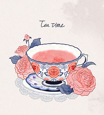 PSD 식기 접시 꽃 음식 분홍색 일러스트 티타임 휴식 사람없음 컵 빨간색 파란색 장미 차 홍차 티백 국내일러스트 식물 음료 컬러 컨셉 차_음료 파일형식