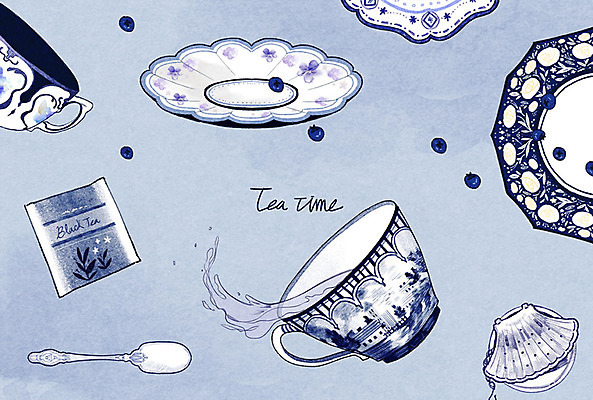 PSD 식기 접시 음료 음식 일러스트 티타임 휴식 북유럽스타일 사람없음 컵 파란색 차 찻잔 티스푼 홍차 티백 국내일러스트 컬러 컨셉 잔 차_음료 숟가락 스타일 파일형식