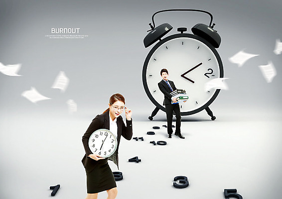 PSD 편집이미지 여자 남자 시계 스트레스 흑백 들기 사람 20대 성인 두명 30대 숫자 한국인 직장인 비즈니스맨 비즈니스우먼 떨어짐 문서 불행 과로 번아웃증후군 증후군 이미지편집 직업 문자 컨셉 비즈니스 모션 촬영기법 동양인 청년 장년 질병 사회이슈 파일형식