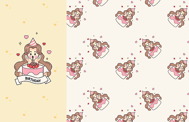 디자인 여자 패턴 일러스트 한명 세트 노란색 케이크 패턴백그라운드 축하 생일 생일축하 국내일러스트 AI파일 1 기념일 컬러 백그라운드 컨셉 무늬 디저트 사람 파일형식 벡터