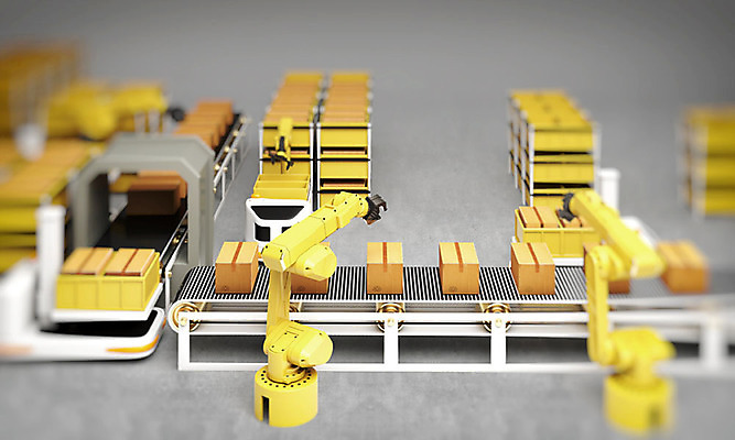 PSD 편집 편집이미지 산업 공장 사람없음 상자 노란색 3D소스 3D 여러개 제조 스마트 입체 디지털합성 오브젝트 설비 로봇팔 산업용로봇 생산라인 자동화 컨베어밸트 편집소스 편집3D 컬러 다수 컨셉 공업 기계 로봇 시설 파일형식