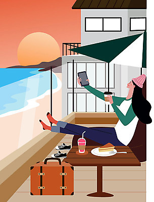 우먼라이프 라이프스타일 여자 행복 바다 여행 일러스트 휴가 휴식 바캉스용품 한명 사람 풍경 성인 여름 여름휴가 바캉스 일몰 카페 셀프카메라 즐거움 힐링 싱글라이프 성인여자한명만 소확행 혼행 국내일러스트 AI파일 1 계절 감정 컨셉 생활 노을 상점 사진촬영 오브젝트 신조어 약어 여자한명만 성인여자만 파일형식 벡터 여름_계절