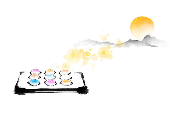 PSD 전통 명절 음식 일러스트 캘리그라피 붓터치 산 떡 흑백 사람없음 태양 일출 흰색 송편 번짐 오색송편 국내일러스트 자연요소 기념일 컬러 촬영기법 노을 파일형식 효과