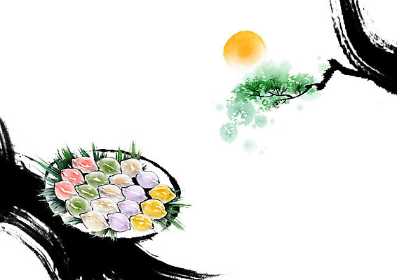 PSD 전통 접시 명절 음식 일러스트 캘리그라피 붓터치 떡 흑백 사람없음 태양 흰색 나뭇가지 소나무 송편 번짐 솔잎 오색송편 국내일러스트 자연요소 나무 식기 기념일 컬러 잎 촬영기법 파일형식 효과