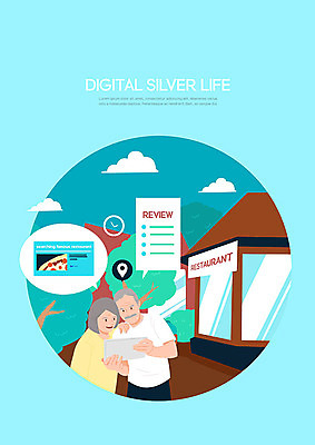 PSD 나무 구름 여자 노년 남자 하늘색 일러스트 사람 두명 실버라이프 태블릿 디지털 식당 레스토랑 노부부 어플리케이션 위치 맛집 리뷰 노인만 실버서퍼 국내일러스트 자연요소 식물 라이프스타일 부부 성인 파란색 전자제품 스마트기기 상점 신조어 성인만 파일형식