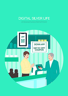PSD 노년 남자 일러스트 모바일 두명 실버라이프 스마트폰 디지털 카페 어플리케이션 계산대 직원 쿠폰 장식장 민트색 복잡 어려움 남자만 디지털래그 국내일러스트 라이프스타일 컬러 가구 컨셉 사람 성인 핸드폰 스마트기기 상점 사회이슈 파일형식