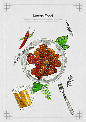 PSD 전통 한식 음식 일러스트 식재료 재료 맥주 한국 사람없음 양념치킨 레시피 드로잉 국내일러스트 아시아 주류 미술 치킨 파일형식