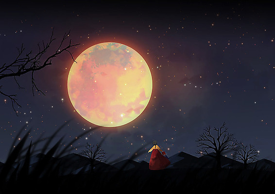 PSD 나무 여자 명절 별 일러스트 따뜻함 한명 사람 풍경 초원 추석 가을풍경 검은색 보름달 달 가을 야간 한복 청사초롱 달맞이 여자한명만 국내일러스트 자연요소 식물 1 한국전통 전통 계절 기념일 컬러 전통의상 초롱 여자만 파일형식 가을_계절