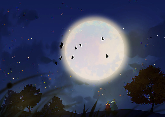 PSD 나무 여자 명절 별 일러스트 따뜻함 사람 풍경 초원 두명 추석 가을풍경 보름달 달 가을 야간 한복 남색 자매 철새 달맞이 여자만 국내일러스트 자연요소 식물 한국전통 전통 계절 기념일 컬러 가족 조류 전통의상 파일형식 가을_계절