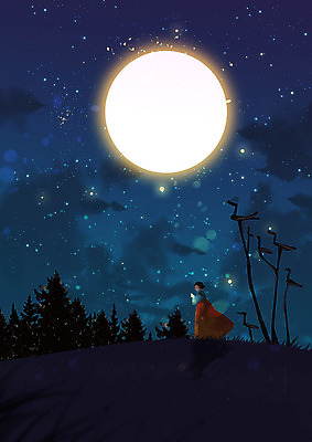 PSD 나무 여자 명절 별 일러스트 하늘 따뜻함 한명 사람 풍경 추석 가을풍경 보름달 달 가을 기도 야간 한복 남색 소원 솟대 여자만 국내일러스트 자연요소 식물 1 한국전통 전통 계절 기념일 컬러 전통의상 파일형식 가을_계절