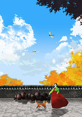 PSD 구름 여자 명절 단풍 일러스트 하늘 한옥 돌담 한명 사람 풍경 담장 추석 가을풍경 가을 항아리 강아지 잠자리 한복 시원함 며느리 반려 성인여자한명만 국내일러스트 자연요소 1 한국전통 전통 계절 기념일 곤충 고건축 잎 반려동물 돌_바위 도자기 개 전통의상 여자한명만 성인여자만 파일형식 가을_계절