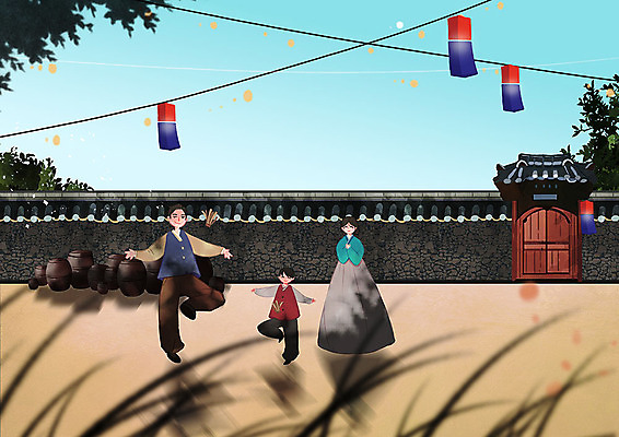 PSD 여자 명절 남자 아들 어린이 일러스트 하늘 엄마 돌담 사람 풍경 성인 세명 추석 화목 가을 아빠 한복 시원함 즐거움 청사초롱 제기_놀이 제기차기 기와담장 국내일러스트 한국전통 전통 계절 기념일 감정 컨셉 가족 기와 담장 놀이용품 전통놀이 돌_바위 전통의상 초롱 파일형식